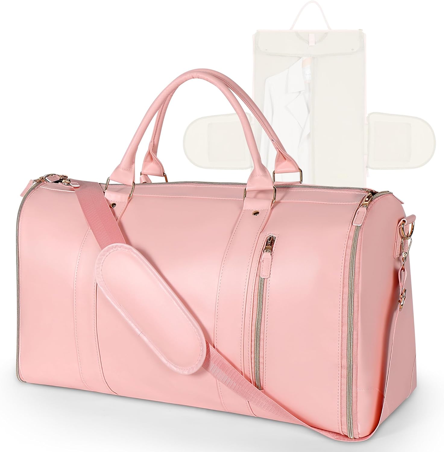 Geestock Garment Bags for Travel, PU Leather Carry On Garment Duffle Bag for Women with Shoe Pouch, 2 in 1 Convertible Suit Travel Bag (Pink)