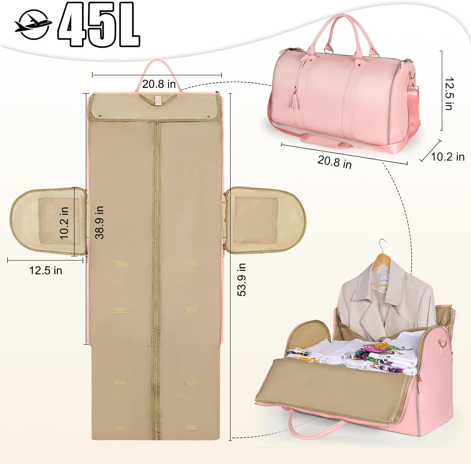 Geestock Garment Bags for Travel, PU Leather Carry On Garment Duffle Bag for Women with Shoe Pouch, 2 in 1 Convertible Suit Travel Bag (Pink) - Image 2