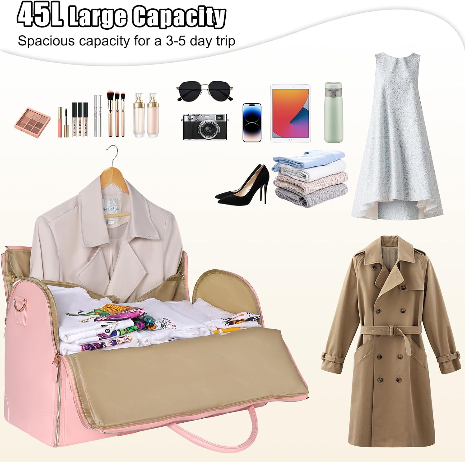 Geestock Garment Bags for Travel, PU Leather Carry On Garment Duffle Bag for Women with Shoe Pouch, 2 in 1 Convertible Suit Travel Bag (Pink) - Image 3