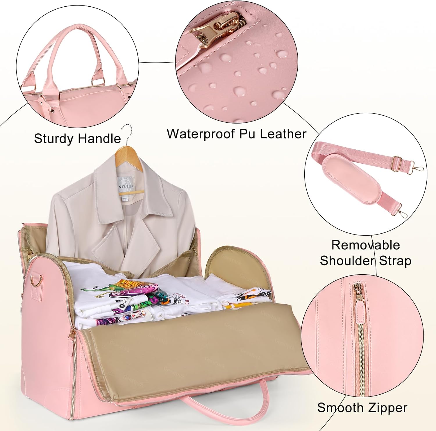 Geestock Garment Bags for Travel, PU Leather Carry On Garment Duffle Bag for Women with Shoe Pouch, 2 in 1 Convertible Suit Travel Bag (Pink) - Image 7