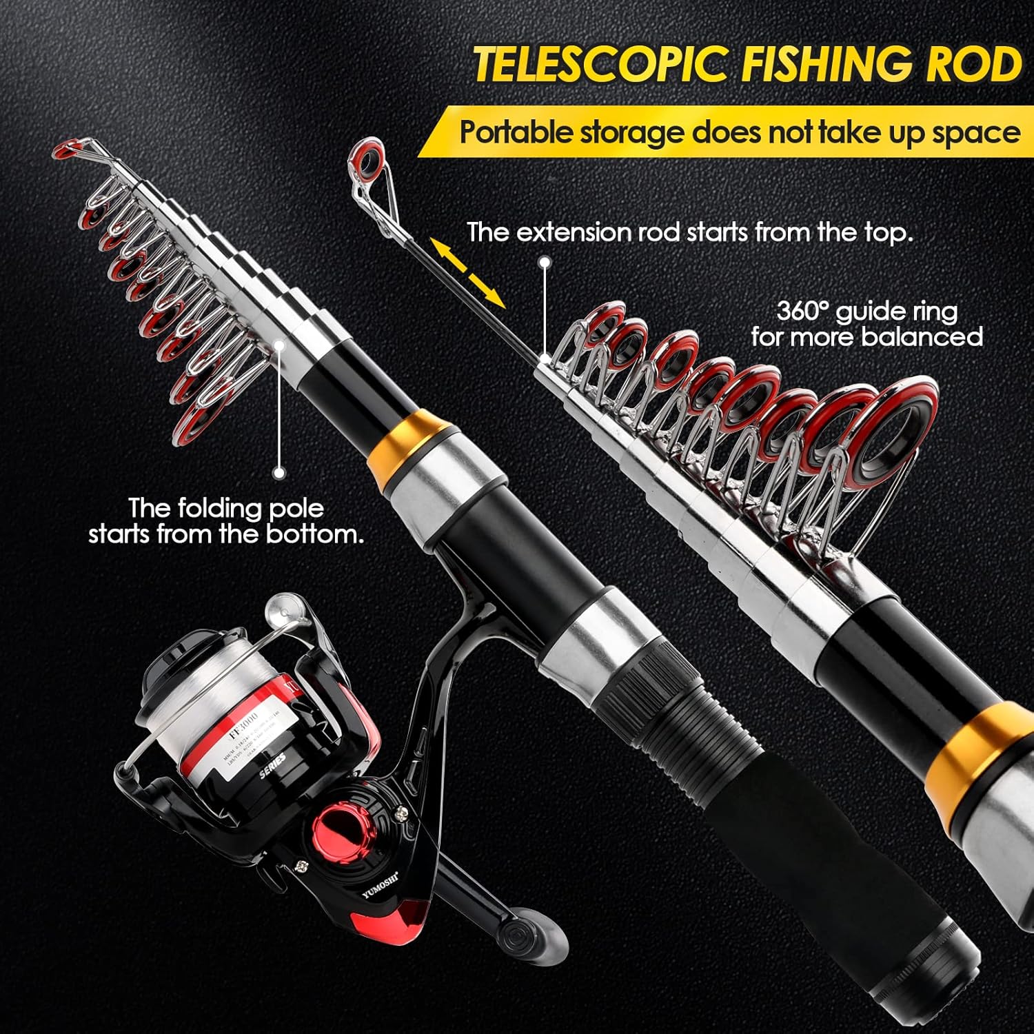 Telescopic Fishing Rod Reel Combo 2PCS 6.89FT Collapsible Fishing Pole Spinning Reel Lures Accessories with Fishing Bag Portable Fishing Rod Kit for Saltwater Freshwater Travel Fishermen Gift - Image 2
